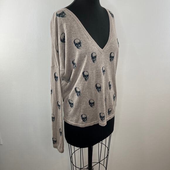 SKULL Cashmere Beige Black V-Neckline Long Sleeve Linen Pullover Sweater Size M - Picture 2 of 7